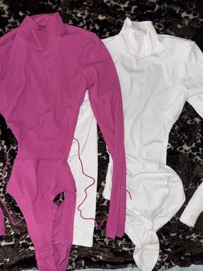 Forever 21 Ribbed Long Sleeve Bodysuits - Hot Pink & White